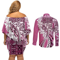 Aloha Vintage Plumeria Hawaiian Tapa Pattern Couples Matching Off Shoulder Short Dress and Long Sleeve Button Shirt Pink Hawaiian Tapa Pattern - Polynesian Pride