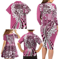 Aloha Vintage Plumeria Hawaiian Tapa Pattern Family Matching Long Sleeve Bodycon Dress and Hawaiian Shirt Pink Hawaiian Tapa Pattern - Polynesian Pride