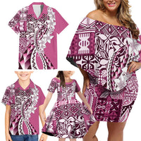 Aloha Vintage Plumeria Hawaiian Tapa Pattern Family Matching Off Shoulder Short Dress and Hawaiian Shirt Pink Hawaiian Tapa Pattern - Polynesian Pride