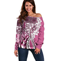 Aloha Vintage Plumeria Hawaiian Tapa Pattern Off Shoulder Sweater Pink Hawaiian Tapa Pattern - Polynesian Pride