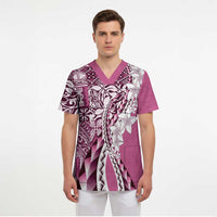 Aloha Vintage Plumeria Hawaiian Tapa Pattern Scrub Top Pink Hawaiian Tapa Pattern - Polynesian Pride