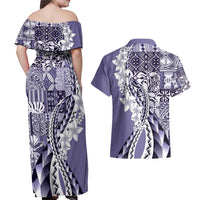 Aloha Vintage Plumeria Hawaiian Tapa Pattern Couples Matching Off Shoulder Maxi Dress and Hawaiian Shirt Purple Hawaiian Tapa Pattern - Polynesian Pride