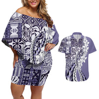 Aloha Vintage Plumeria Hawaiian Tapa Pattern Couples Matching Off Shoulder Short Dress and Hawaiian Shirt Purple Hawaiian Tapa Pattern - Polynesian Pride