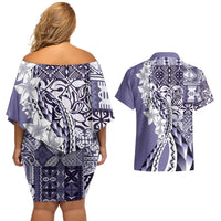 Aloha Vintage Plumeria Hawaiian Tapa Pattern Couples Matching Off Shoulder Short Dress and Hawaiian Shirt Purple Hawaiian Tapa Pattern - Polynesian Pride
