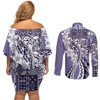 Aloha Vintage Plumeria Hawaiian Tapa Pattern Couples Matching Off Shoulder Short Dress and Long Sleeve Button Shirt Purple Hawaiian Tapa Pattern - Polynesian Pride