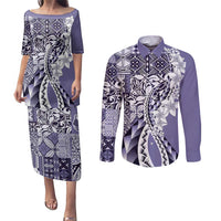 Aloha Vintage Plumeria Hawaiian Tapa Pattern Couples Matching Puletasi and Long Sleeve Button Shirt Purple Hawaiian Tapa Pattern - Polynesian Pride
