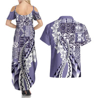 Aloha Vintage Plumeria Hawaiian Tapa Pattern Couples Matching Summer Maxi Dress and Hawaiian Shirt Purple Hawaiian Tapa Pattern - Polynesian Pride