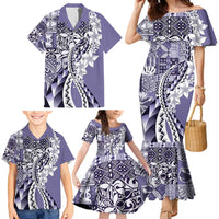 Aloha Vintage Plumeria Hawaiian Tapa Pattern Family Matching Mermaid Dress and Hawaiian Shirt Purple Hawaiian Tapa Pattern - Polynesian Pride