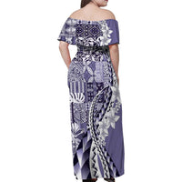 Aloha Vintage Plumeria Hawaiian Tapa Pattern Family Matching Off Shoulder Maxi Dress and Hawaiian Shirt Purple Hawaiian Tapa Pattern - Polynesian Pride