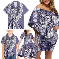 Aloha Vintage Plumeria Hawaiian Tapa Pattern Family Matching Off Shoulder Short Dress and Hawaiian Shirt Purple Hawaiian Tapa Pattern - Polynesian Pride