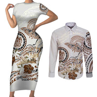 Polynesian Manta Ray Couples Matching Short Sleeve Bodycon Dress and Long Sleeve Button Shirt Beige Floral Turtle Tattoo - Polynesian Pride