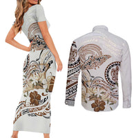 Polynesian Manta Ray Couples Matching Short Sleeve Bodycon Dress and Long Sleeve Button Shirt Beige Floral Turtle Tattoo - Polynesian Pride