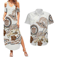 Polynesian Manta Ray Couples Matching Summer Maxi Dress and Hawaiian Shirt Beige Floral Turtle Tattoo - Polynesian Pride