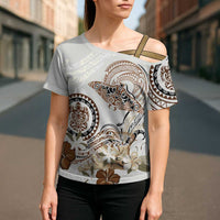 Polynesian Manta Ray Cross Shoulder Shirt Beige Floral Turtle Tattoo - Polynesian Pride