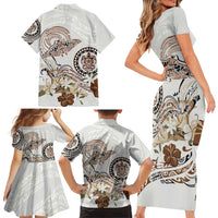 Polynesian Manta Ray Family Matching Short Sleeve Bodycon Dress and Hawaiian Shirt Beige Floral Turtle Tattoo - Polynesian Pride