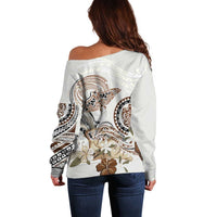Polynesian Manta Ray Off Shoulder Sweater Beige Floral Turtle Tattoo - Polynesian Pride