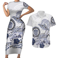 Polynesian Manta Ray Couples Matching Short Sleeve Bodycon Dress and Hawaiian Shirt Blue Floral Turtle Tattoo - Polynesian Pride