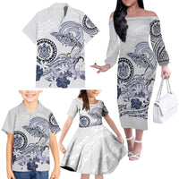 Polynesian Manta Ray Family Matching Off The Shoulder Long Sleeve Dress and Hawaiian Shirt Blue Floral Turtle Tattoo - Polynesian Pride
