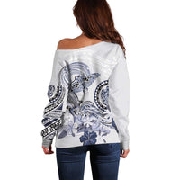 Polynesian Manta Ray Off Shoulder Sweater Blue Floral Turtle Tattoo - Polynesian Pride