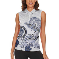 Polynesian Manta Ray Women Sleeveless Polo Shirt Blue Floral Turtle Tattoo - Polynesian Pride