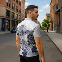 Polynesian Manta Ray Zipper Polo Shirt Blue Floral Turtle Tattoo - Polynesian Pride
