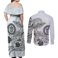 Polynesian Manta Ray Couples Matching Off Shoulder Maxi Dress and Long Sleeve Button Shirt Gray Floral Turtle Tattoo - Polynesian Pride