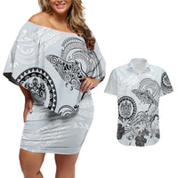 Polynesian Manta Ray Couples Matching Off Shoulder Short Dress and Hawaiian Shirt Gray Floral Turtle Tattoo - Polynesian Pride