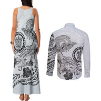 Polynesian Manta Ray Couples Matching Tank Maxi Dress and Long Sleeve Button Shirt Gray Floral Turtle Tattoo - Polynesian Pride