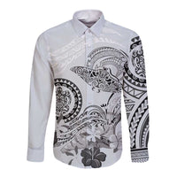 Polynesian Manta Ray Long Sleeve Button Shirt Gray Floral Turtle Tattoo - Polynesian Pride