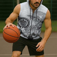Polynesian Manta Ray Sleeveless Zip Hoodie Gray Floral Turtle Tattoo - Polynesian Pride
