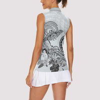 Polynesian Manta Ray Women Sleeveless Polo Shirt Gray Floral Turtle Tattoo - Polynesian Pride