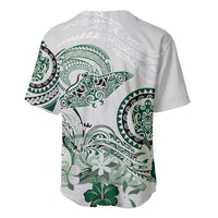 Polynesian Manta Ray Baseball Jersey Green Floral Turtle Tattoo - Polynesian Pride