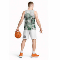 Polynesian Manta Ray Basketball Jersey Green Floral Turtle Tattoo - Polynesian Pride