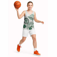 Polynesian Manta Ray Basketball Jersey Green Floral Turtle Tattoo - Polynesian Pride