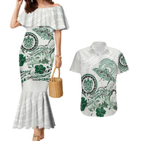 Polynesian Manta Ray Couples Matching Mermaid Dress and Hawaiian Shirt Green Floral Turtle Tattoo - Polynesian Pride