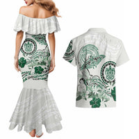 Polynesian Manta Ray Couples Matching Mermaid Dress and Hawaiian Shirt Green Floral Turtle Tattoo - Polynesian Pride