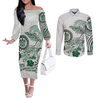 Polynesian Manta Ray Couples Matching Off The Shoulder Long Sleeve Dress and Long Sleeve Button Shirt Green Floral Turtle Tattoo - Polynesian Pride