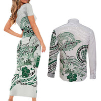 Polynesian Manta Ray Couples Matching Short Sleeve Bodycon Dress and Long Sleeve Button Shirt Green Floral Turtle Tattoo - Polynesian Pride