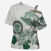 Polynesian Manta Ray Cross Shoulder Shirt Green Floral Turtle Tattoo - Polynesian Pride