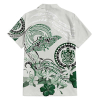 Polynesian Manta Ray Family Matching Off The Shoulder Long Sleeve Dress and Hawaiian Shirt Green Floral Turtle Tattoo - Polynesian Pride