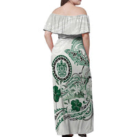 Polynesian Manta Ray Family Matching Off Shoulder Maxi Dress and Hawaiian Shirt Green Floral Turtle Tattoo - Polynesian Pride