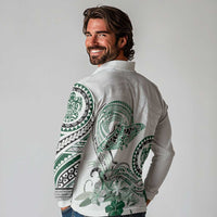 Polynesian Manta Ray Long Sleeve Polo Shirt Green Floral Turtle Tattoo - Polynesian Pride