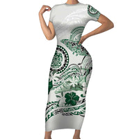 Polynesian Manta Ray Short Sleeve Bodycon Dress Green Floral Turtle Tattoo - Polynesian Pride