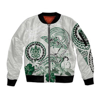 Polynesian Manta Ray Sleeve Zip Bomber Jacket Green Floral Turtle Tattoo - Polynesian Pride
