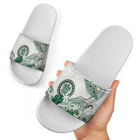 Polynesian Manta Ray Slide Sandals Green Floral Turtle Tattoo - Polynesian Pride