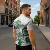 Polynesian Manta Ray Zipper Polo Shirt Green Floral Turtle Tattoo - Polynesian Pride