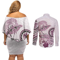 Polynesian Manta Ray Couples Matching Off Shoulder Short Dress and Long Sleeve Button Shirt Pink Floral Turtle Tattoo - Polynesian Pride