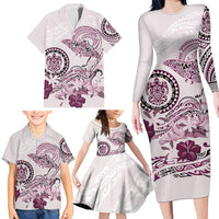Polynesian Manta Ray Family Matching Long Sleeve Bodycon Dress and Hawaiian Shirt Pink Floral Turtle Tattoo - Polynesian Pride