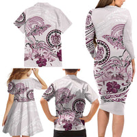 Polynesian Manta Ray Family Matching Long Sleeve Bodycon Dress and Hawaiian Shirt Pink Floral Turtle Tattoo - Polynesian Pride