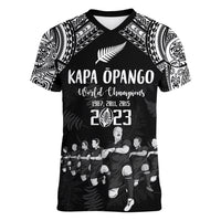 Custom NZ Rugby Women V Neck T Shirt Kapa Opango Maori Haka With Years of The All Black Champions LT9 Female Black - Polynesian Pride